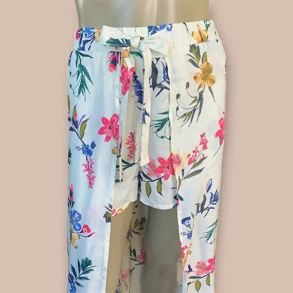 Joe B Tropical Romper Shorts Overlay Open Maxi Skirt Size L Tie Waist Pull On - Picture 3 of 16